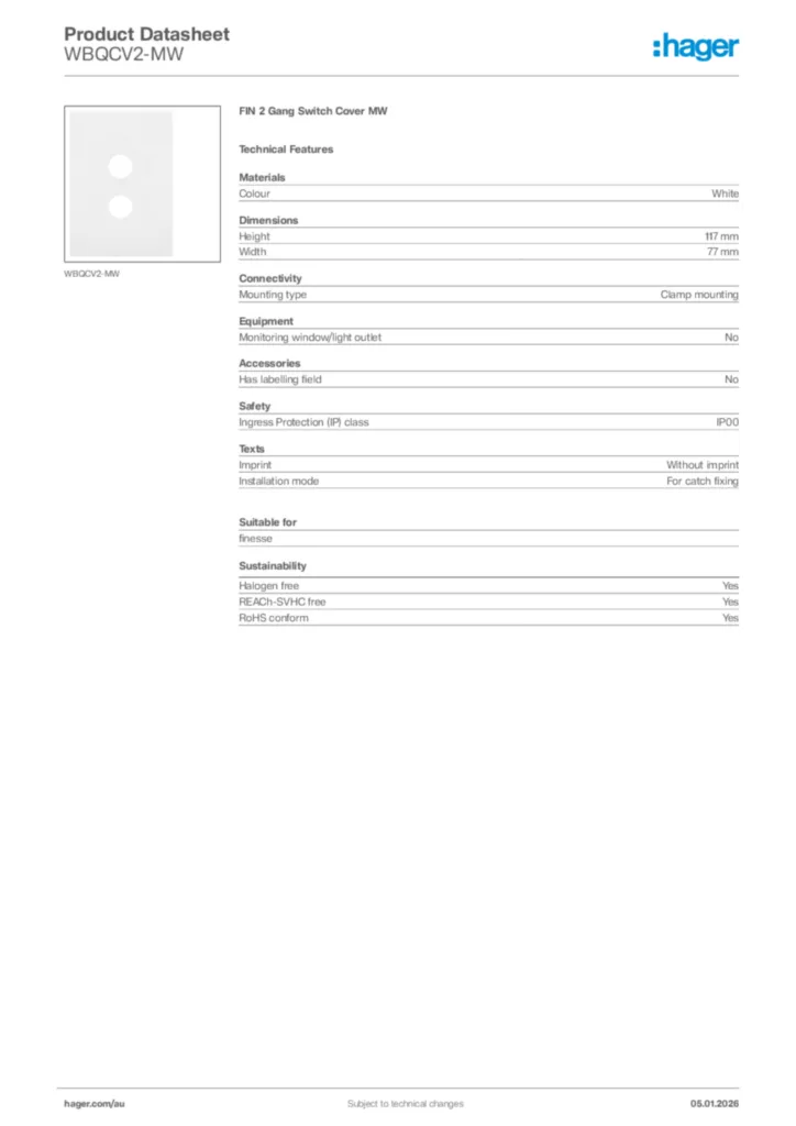 Image Hager Product data sheet WBQCV2-MW  | Hager Australia