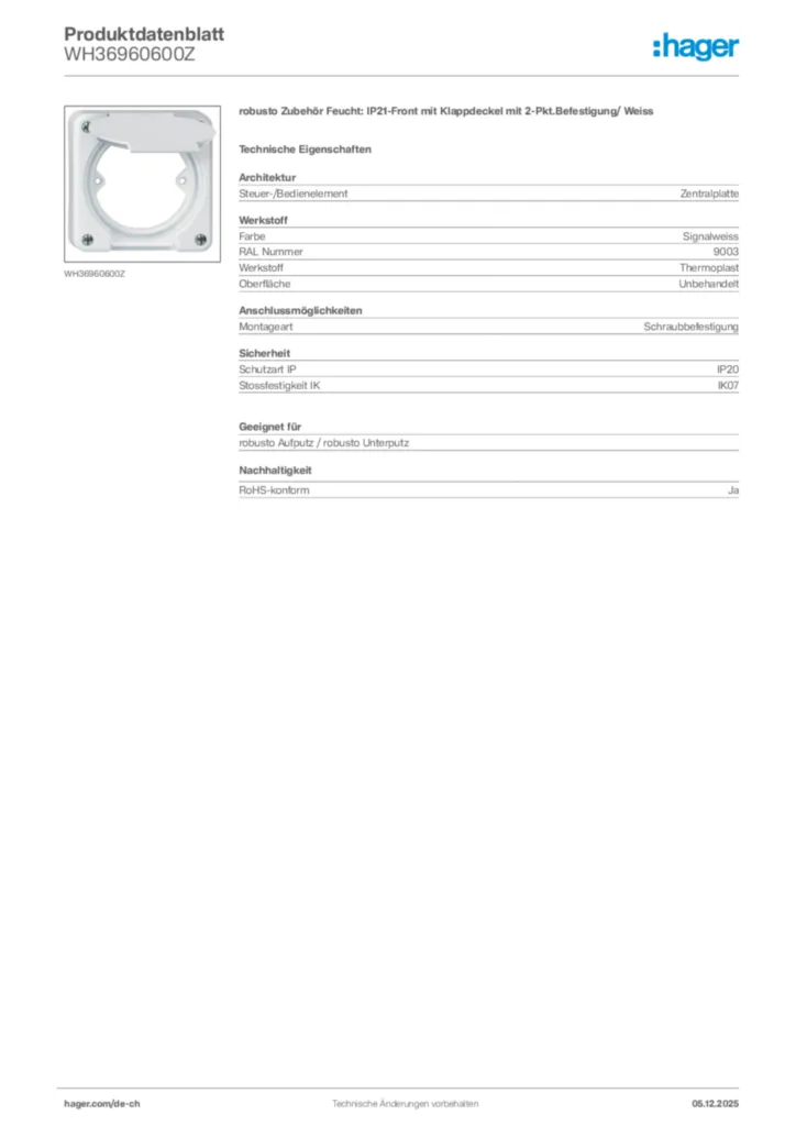 Bild Hager Produktdatenblatt WH36960600Z | Hager Schweiz