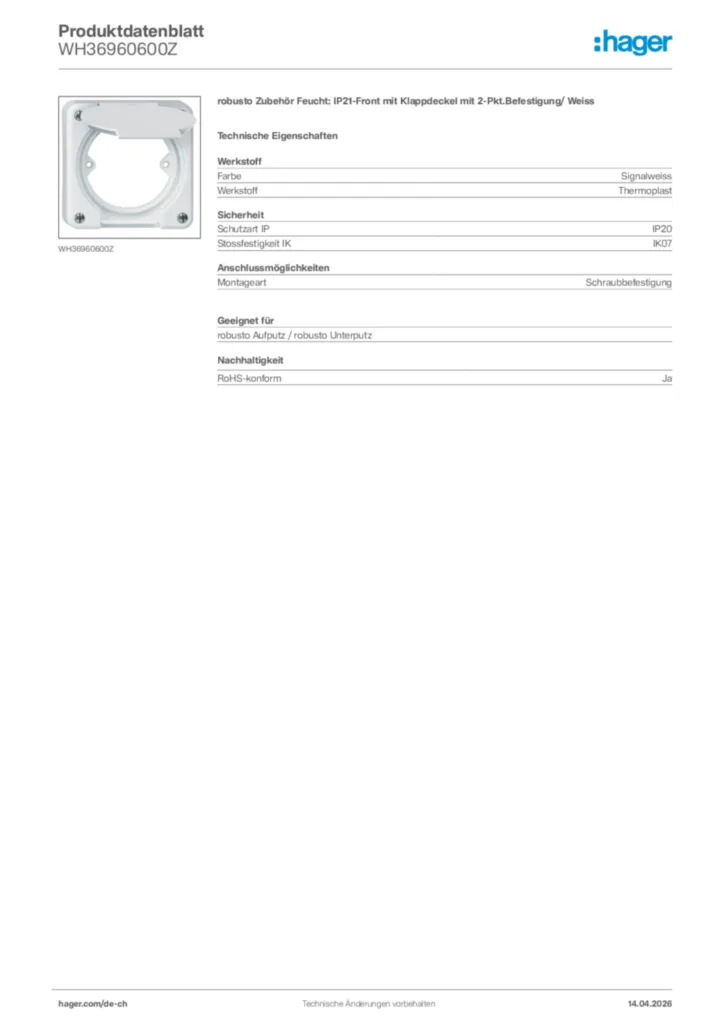 Bild Hager Produktdatenblatt WH36960600Z | Hager Schweiz