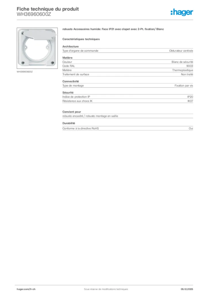 Image Hager Fiche technique du produit WH36960600Z | Hager Suisse