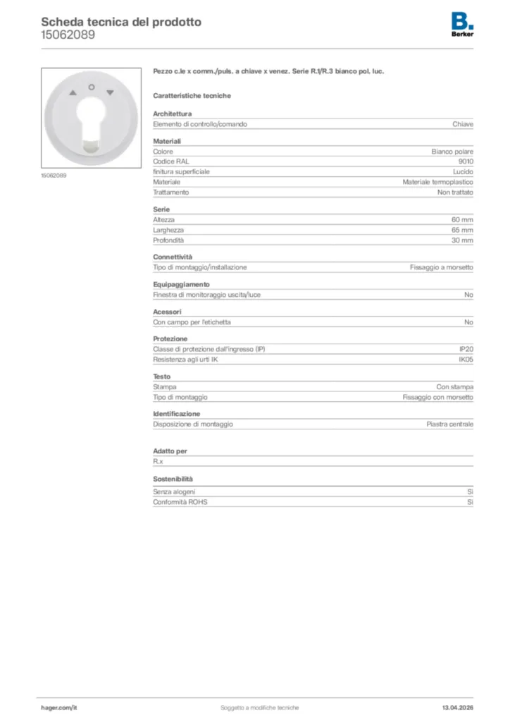 Immagine Berker Scheda tecnica del prodotto 15062089 | Hager Italia