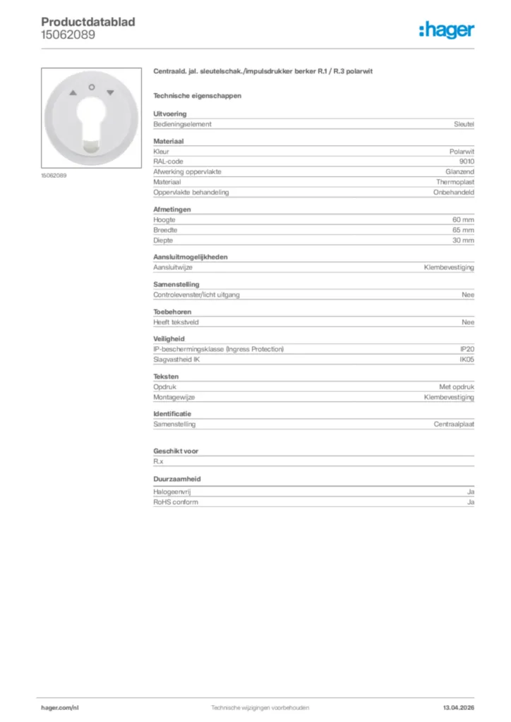 Afbeelding Hager Productdatablad 15062089 | Hager Nederland