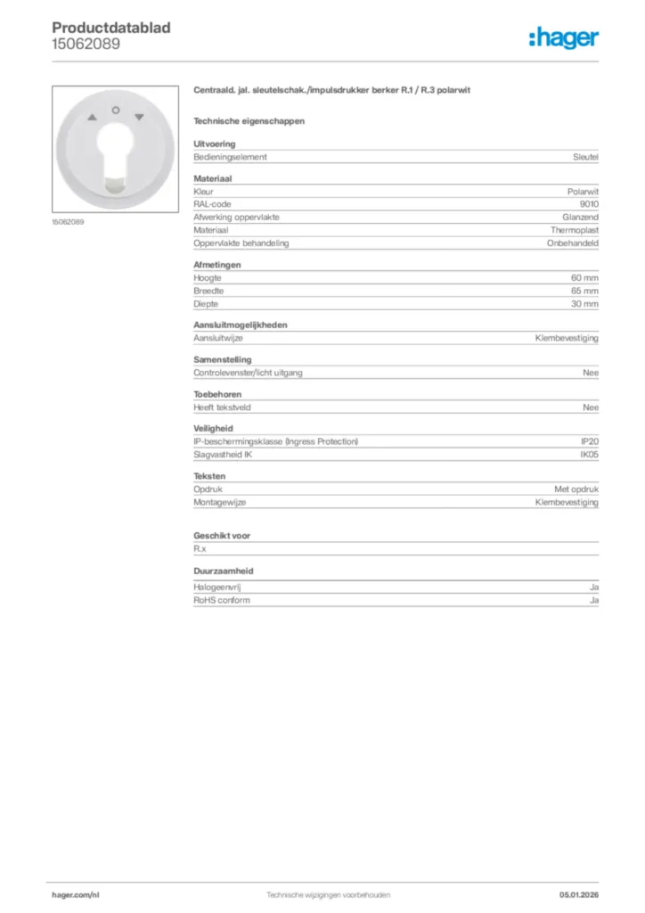 Afbeelding Hager Productdatablad 15062089 | Hager Nederland
