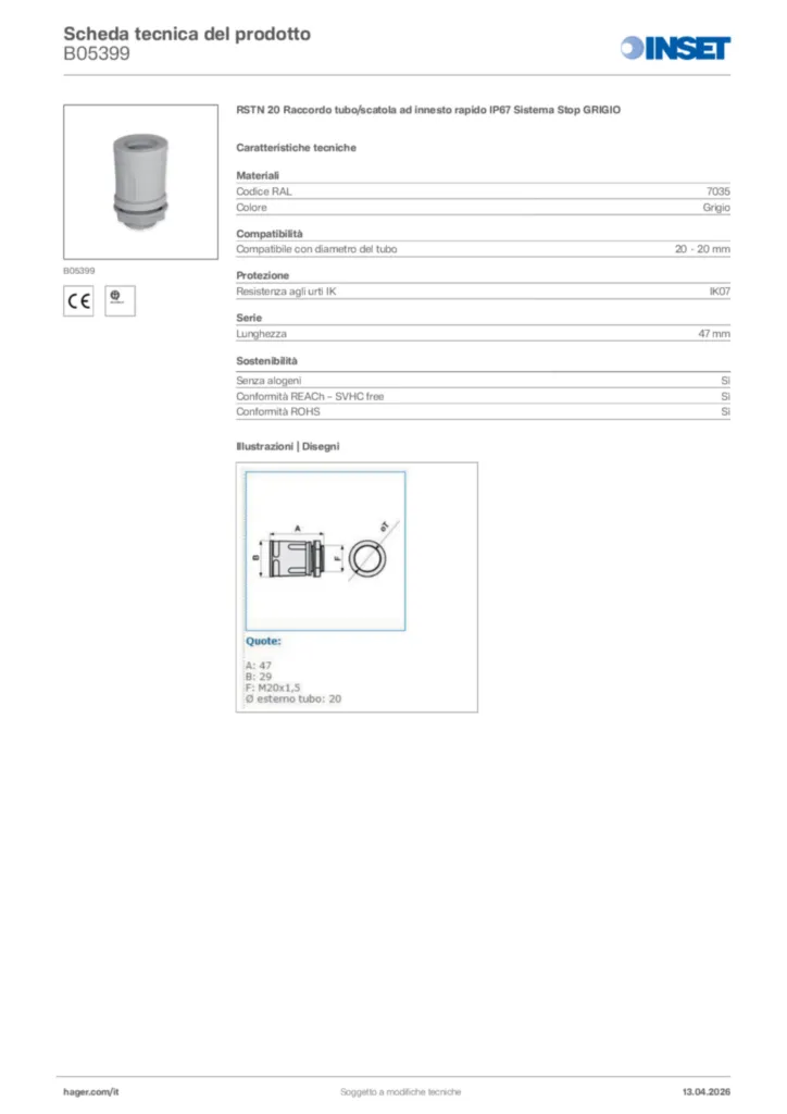 Immagine Inset Scheda tecnica del prodotto B05399 | Hager Italia
