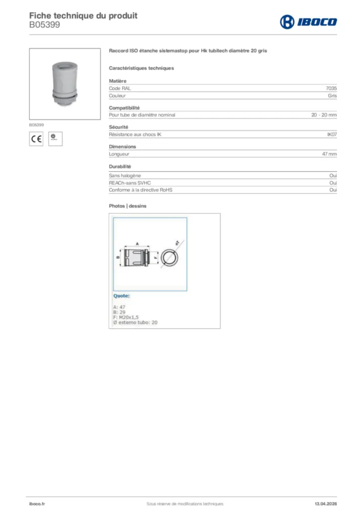 Image Iboco Fiche technique du produit B05399 | Hager France