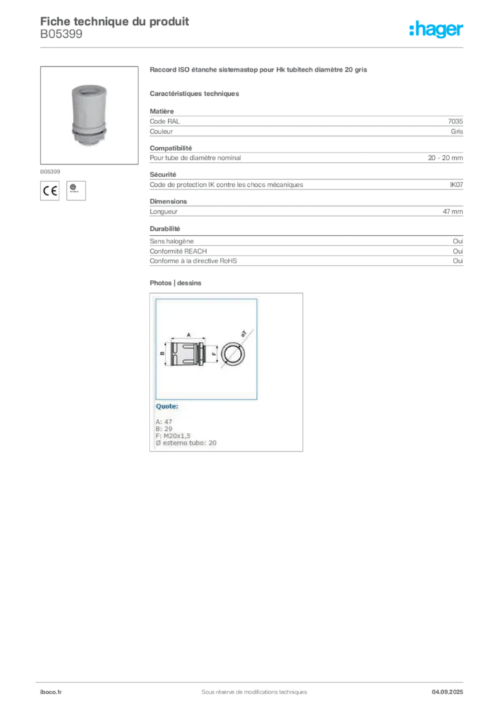 Image Iboco Fiche technique du produit B05399 | Hager France