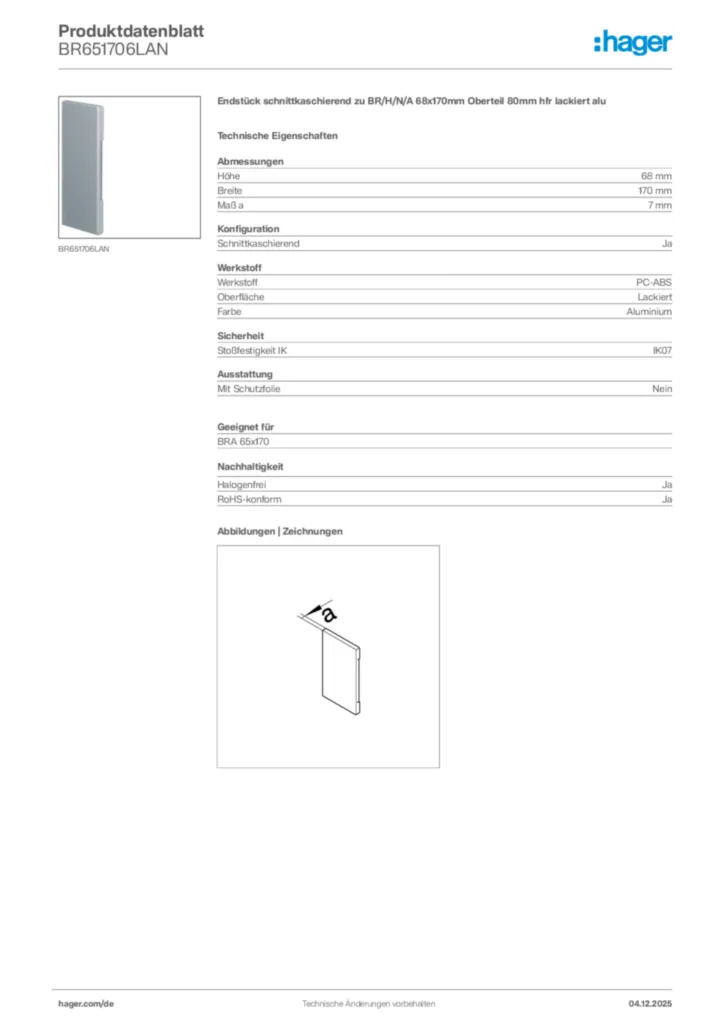Bild Hager Produktdatenblatt BR651706LAN | Hager Deutschland