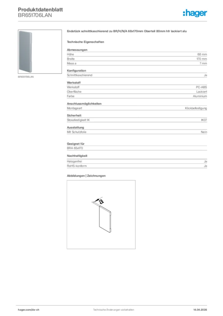 Bild Hager Produktdatenblatt BR651706LAN | Hager Schweiz