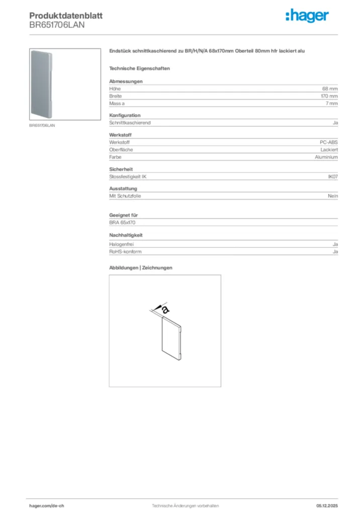 Bild Hager Produktdatenblatt BR651706LAN | Hager Schweiz