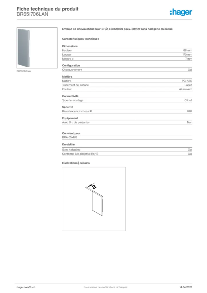 Image Hager Fiche technique du produit BR651706LAN | Hager Suisse