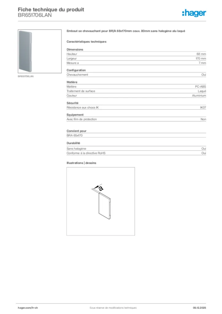 Image Hager Fiche technique du produit BR651706LAN | Hager Suisse