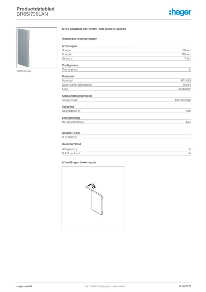 Afbeelding Hager Productdatablad BR651706LAN | Hager Nederland