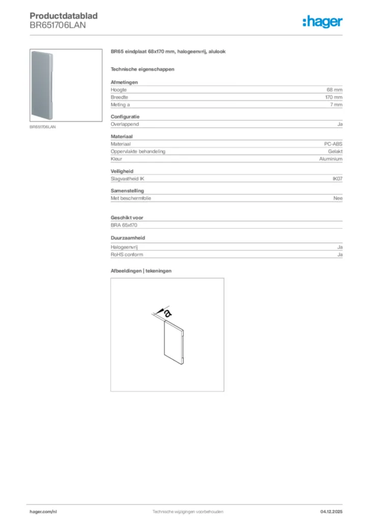 Afbeelding Hager Productdatablad BR651706LAN | Hager Nederland
