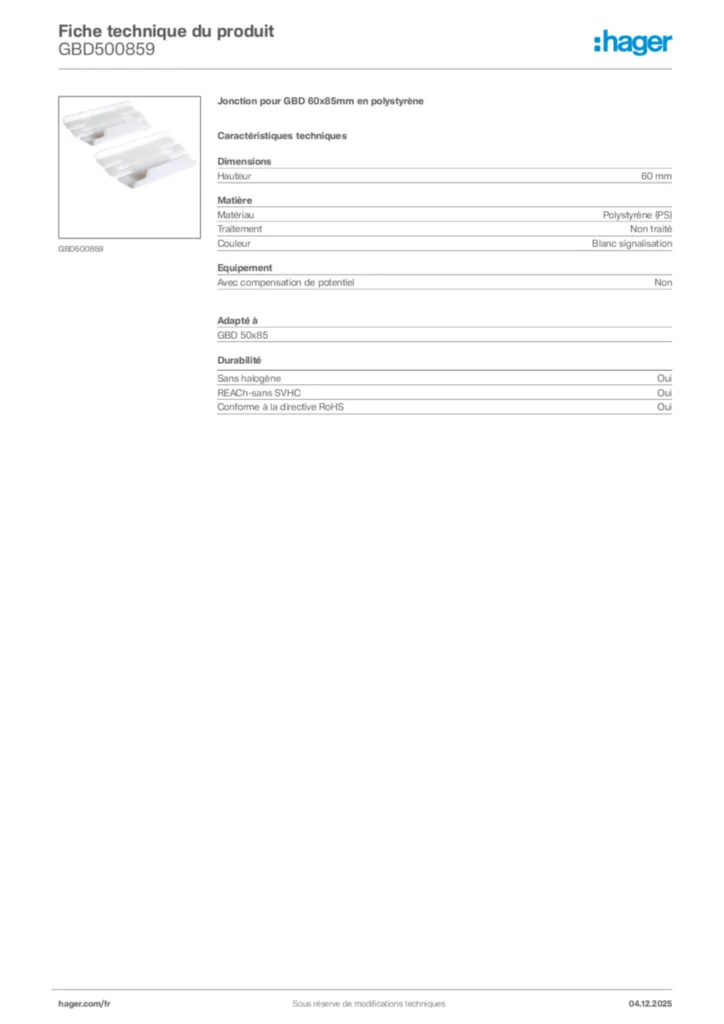 Image Hager Fiche technique du produit GBD500859 | Hager France