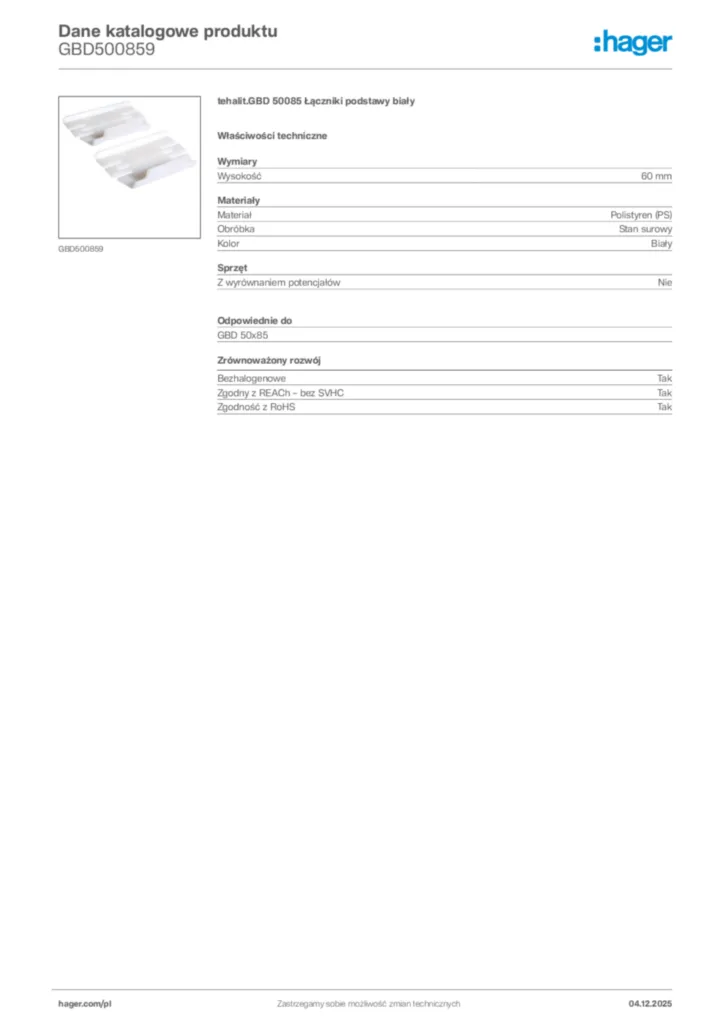 Zdjęcie Hager Dane katalogowe produktu GBD500859 | Hager Polska