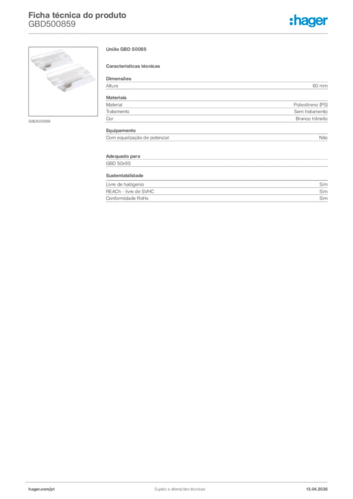 Imagem Hager Ficha técnica do produto GBD500859 | Hager Portugal