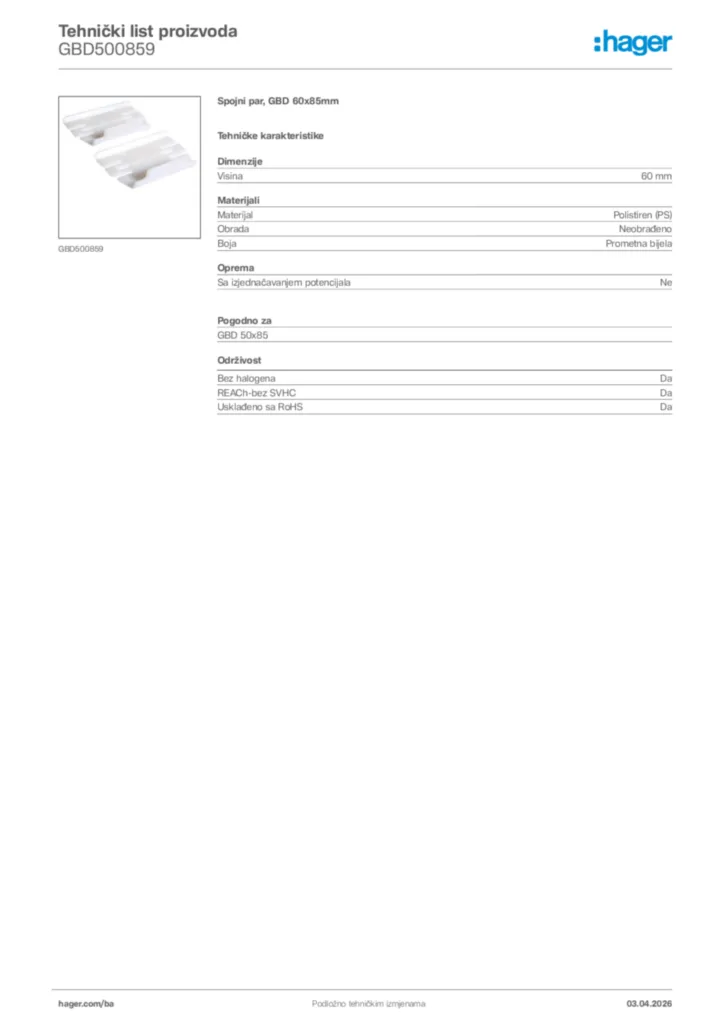 Slika Hager Tehnički list proizvoda GBD500859  | Hager