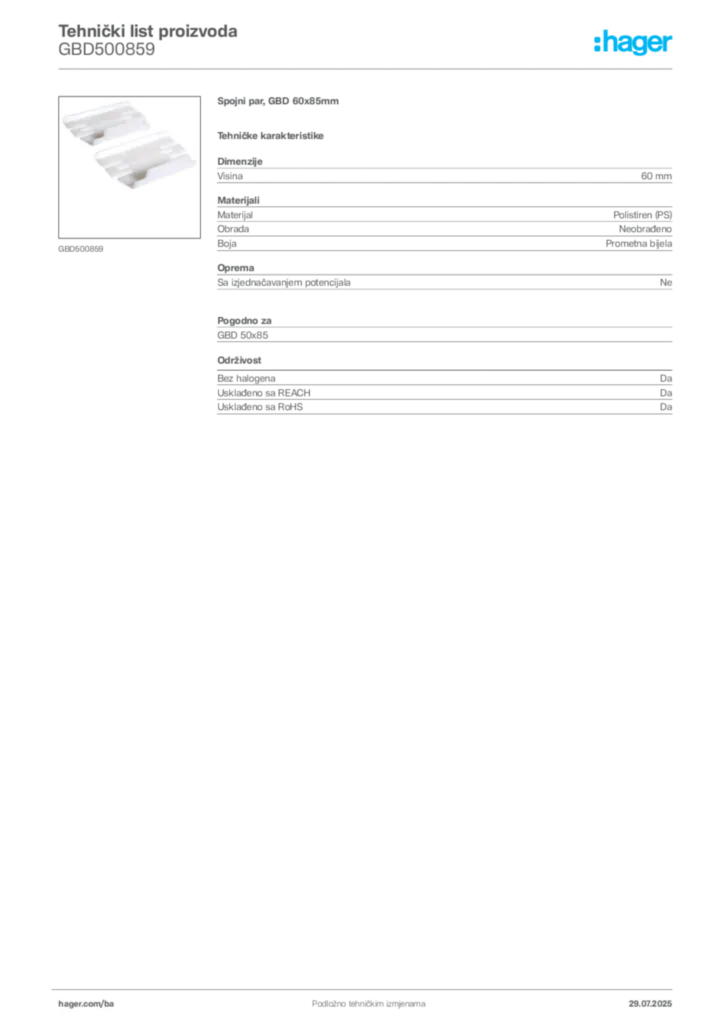 Slika Hager Product data sheet GBD500859  | Hager