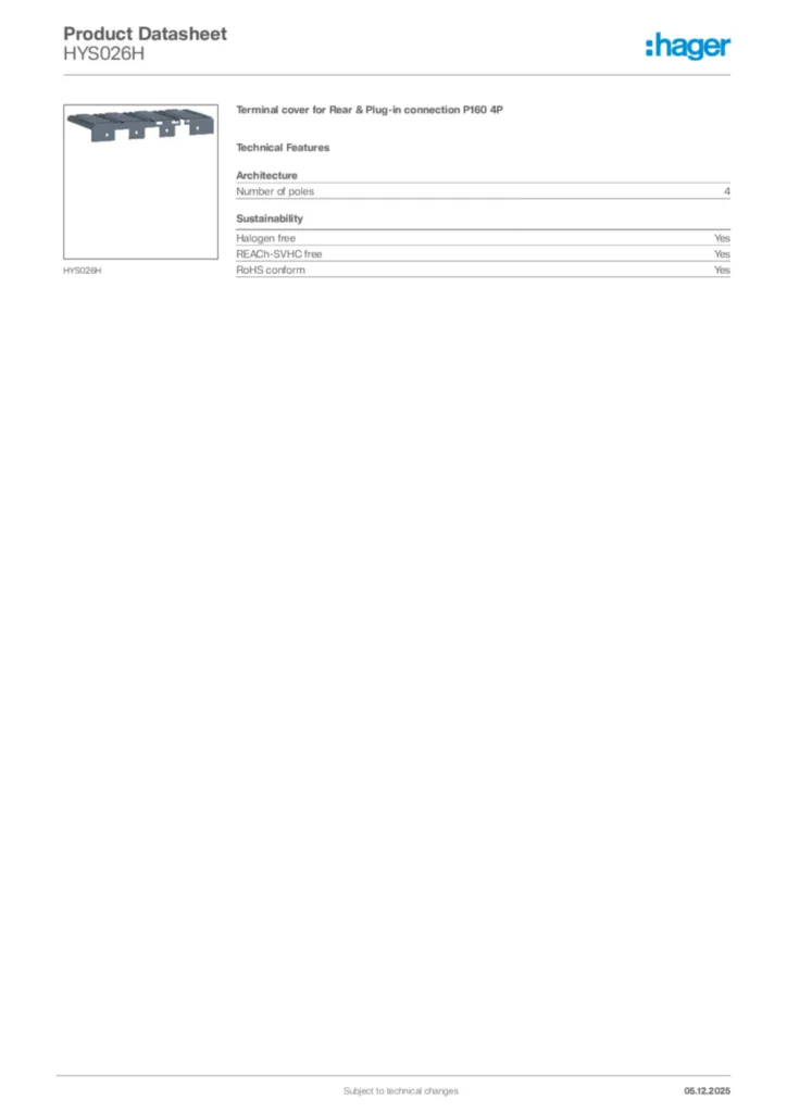 Image Hager Product data sheet HYS026H  | Hager Africa