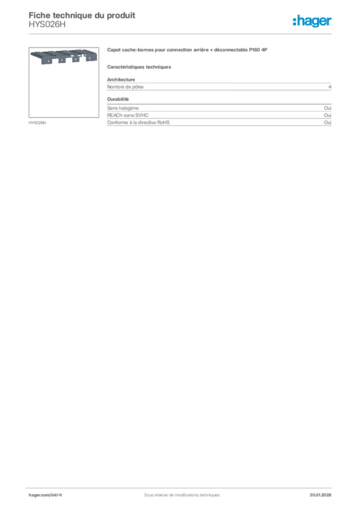 Image Hager Fiche technique du produit HYS026H | Hager Afrique