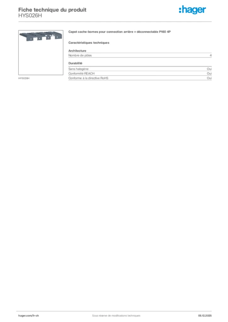 Image Hager Fiche technique du produit HYS026H | Hager Suisse