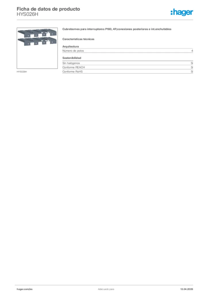 Imagen Hager Ficha de datos de producto HYS026H | Hager España