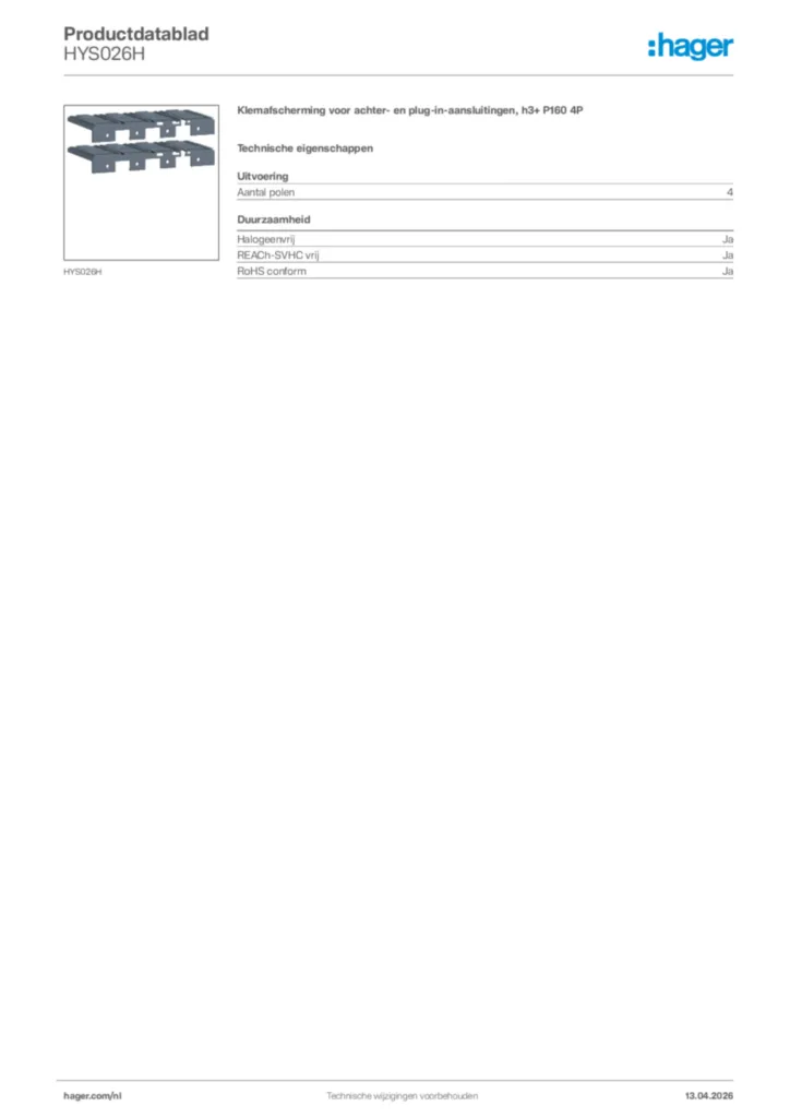 Afbeelding Hager Productdatablad HYS026H | Hager Nederland