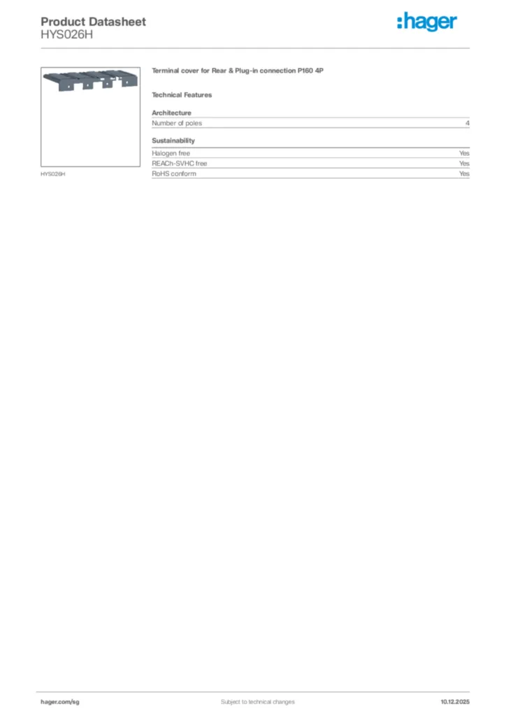 Image Hager Product data sheet HYS026H  | Hager