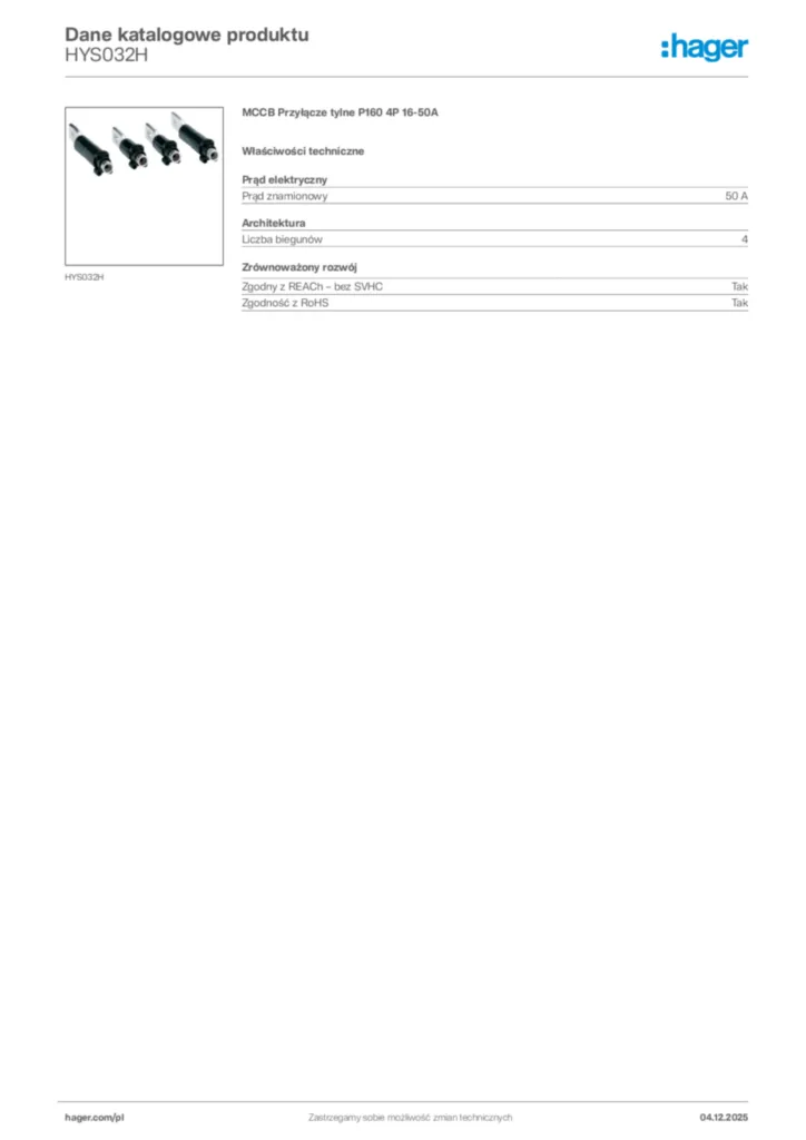 Zdjęcie Hager Karta katalogowa HYS032H | Hager Polska