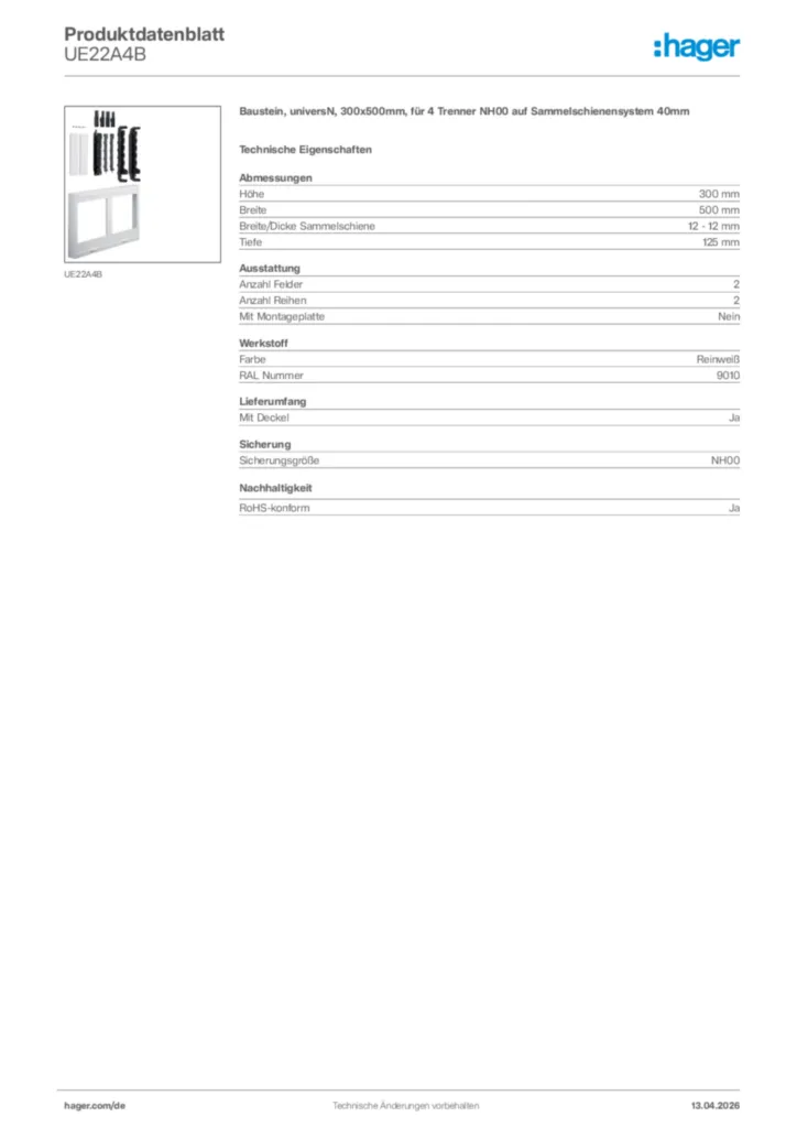 Bild Hager Produktdatenblatt UE22A4B | Hager Deutschland