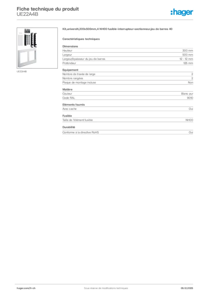 Image Hager Fiche technique du produit UE22A4B | Hager Suisse