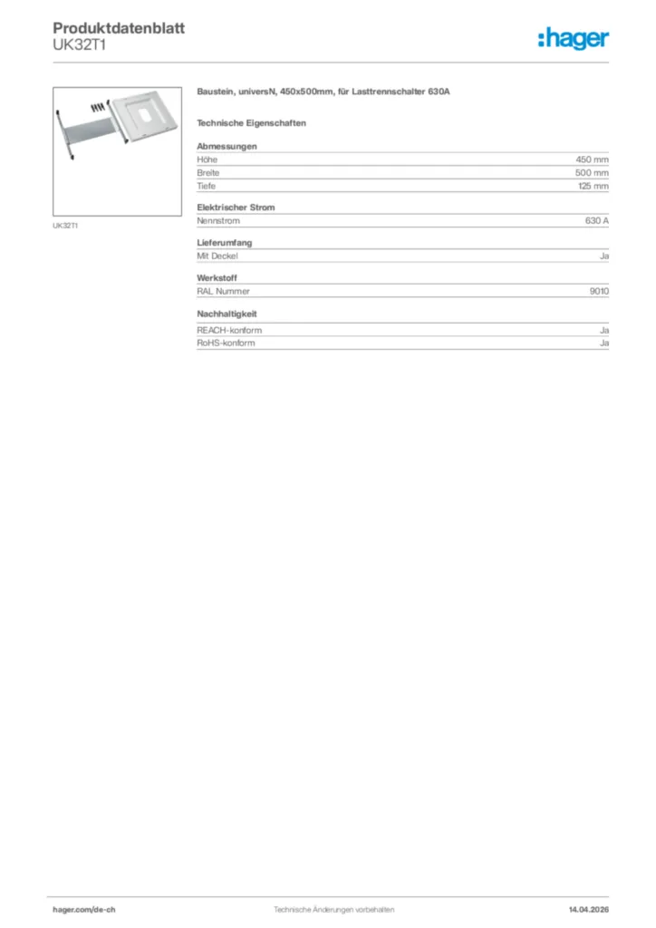 Bild Hager Produktdatenblatt UK32T1 | Hager Schweiz