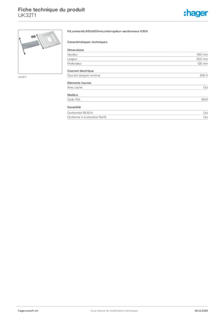 Image Hager Fiche technique du produit UK32T1 | Hager Suisse