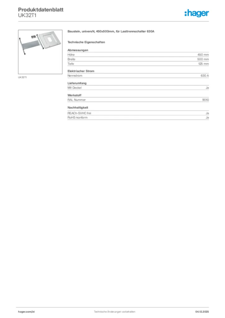Bild Hager Produktdatenblatt UK32T1 | Hager Deutschland