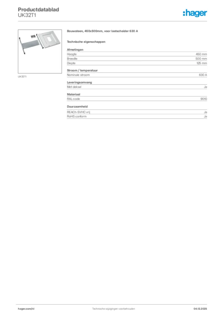 Afbeelding Hager Productdatablad UK32T1 | Hager Nederland