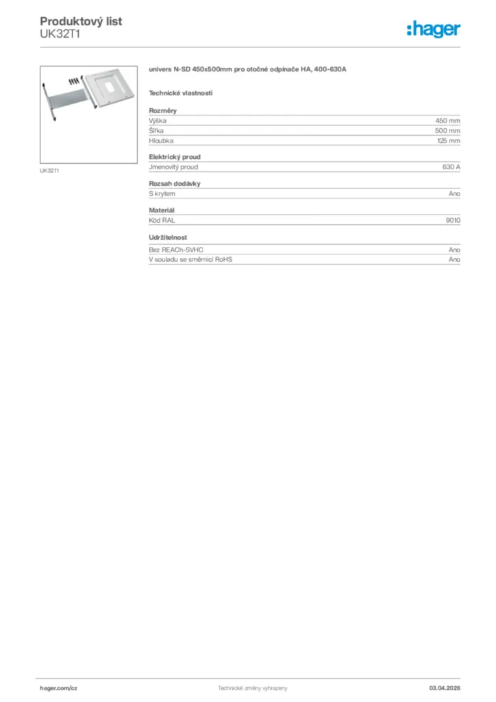 Obrázek Hager Product data sheet UK32T1 | Hager