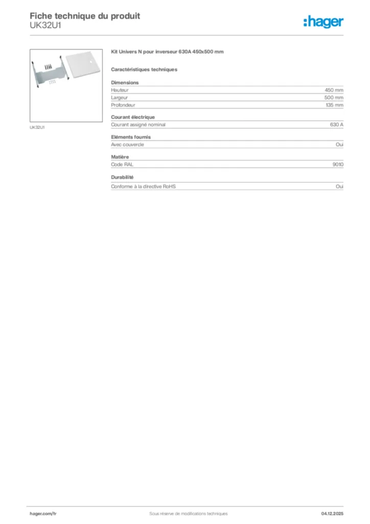 Image Hager Fiche technique du produit UK32U1 | Hager France