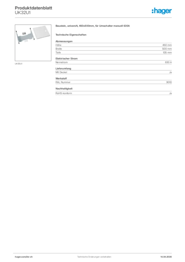 Bild Hager Produktdatenblatt UK32U1 | Hager Schweiz