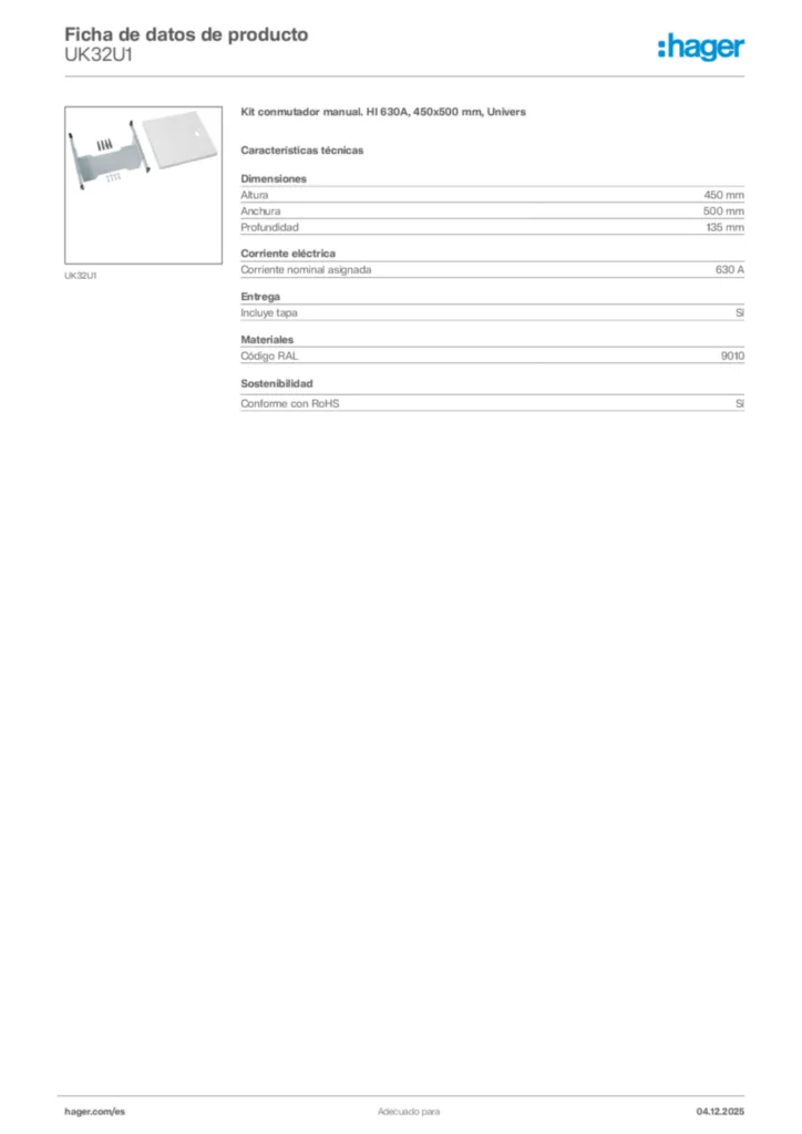 Imagen Hager Ficha de datos de producto UK32U1 | Hager España