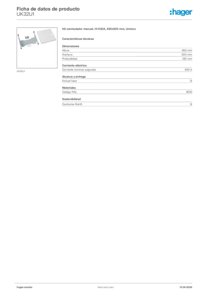 Imagen Hager Ficha de datos de producto UK32U1 | Hager España