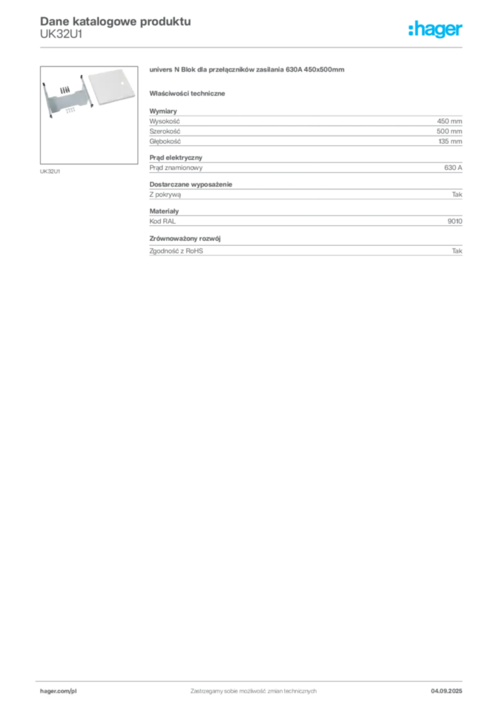 Zdjęcie Hager Dane katalogowe produktu UK32U1 | Hager Polska