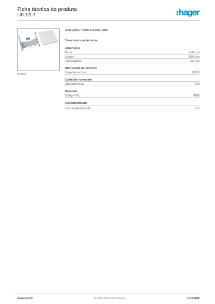 Imagem Hager Ficha técnica do produto UK32U1 | Hager Portugal