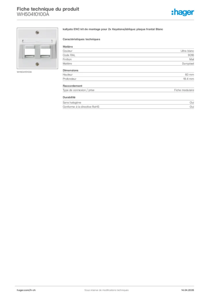 Image Hager Fiche technique du produit WH50410100A | Hager Suisse