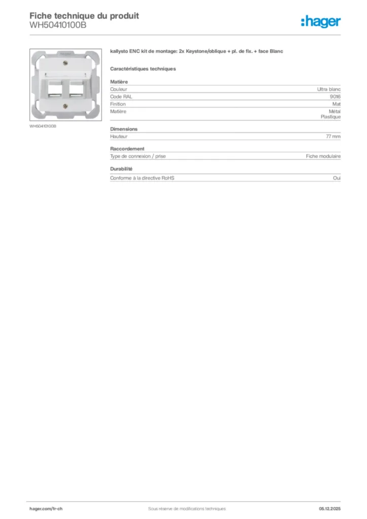 Image Hager Fiche technique du produit WH50410100B | Hager Suisse