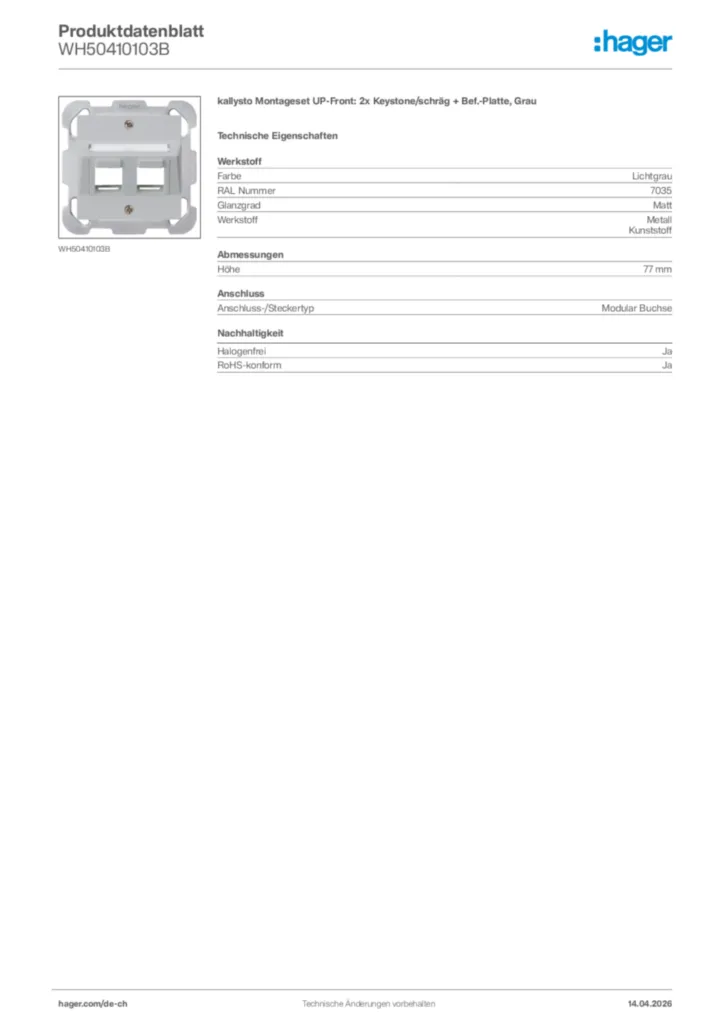 Bild Hager Produktdatenblatt WH50410103B | Hager Schweiz