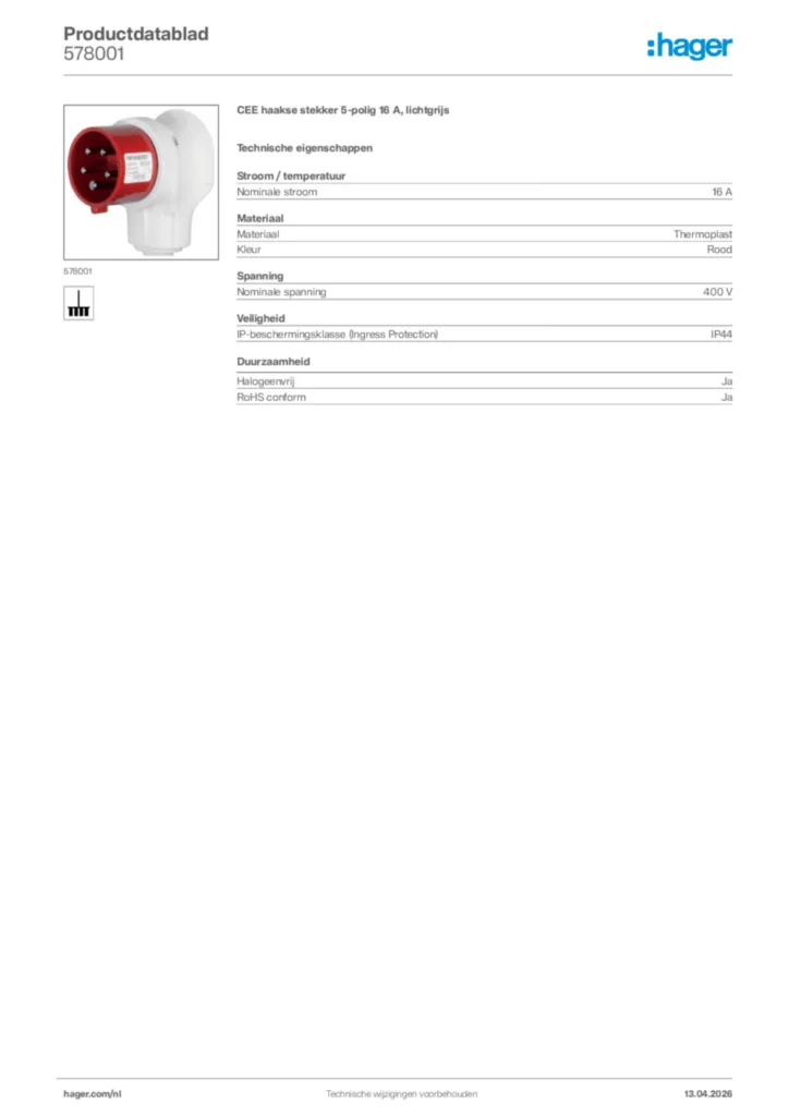 Afbeelding Hager Productdatablad 578001 | Hager Nederland