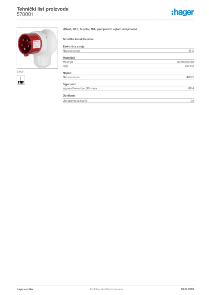 Slika Hager Tehnički list proizvoda 578001  | Hager