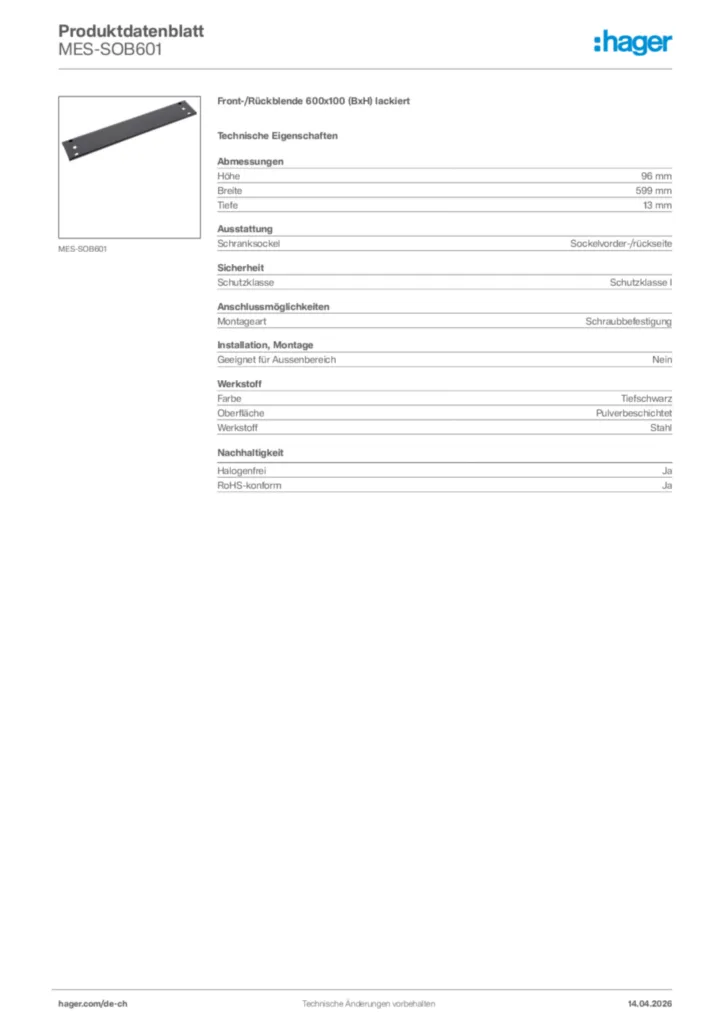 Bild Hager Produktdatenblatt MES-SOB601 | Hager Schweiz