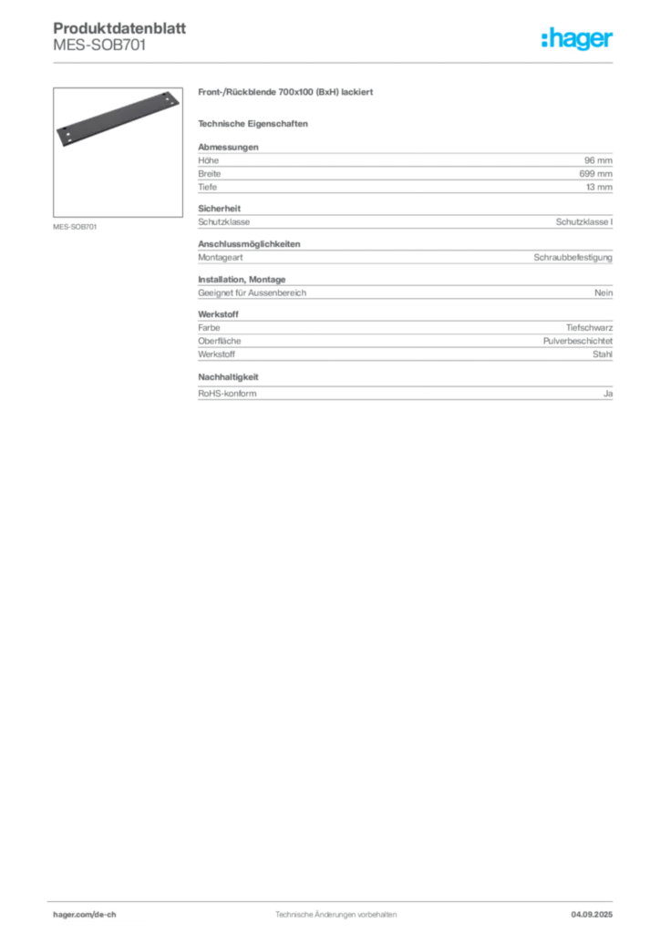 Bild Hager Produktdatenblatt MES-SOB701 | Hager Schweiz