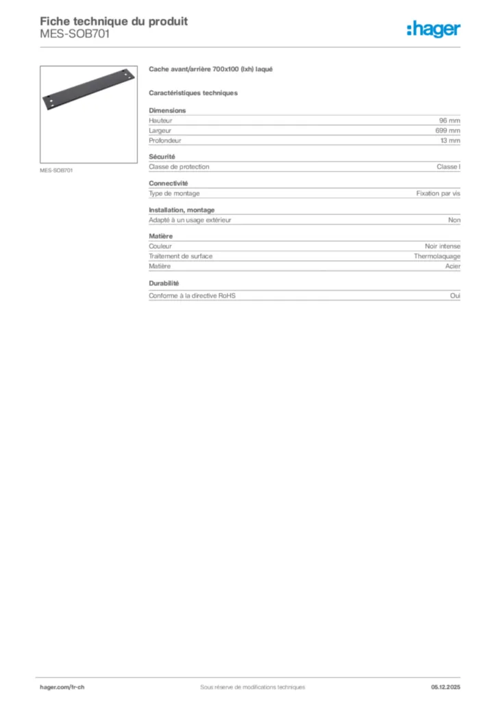 Image Hager Fiche technique du produit MES-SOB701 | Hager Suisse